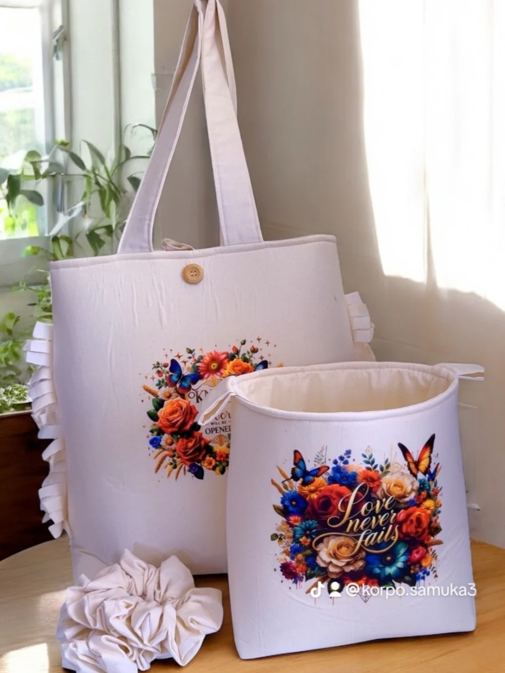 Cream Floral Tote Bag Set - Love Never Fails